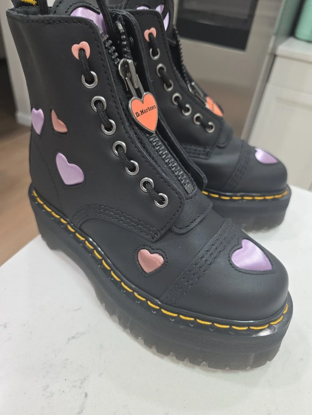 Dr Martens Women's Sinclair Hearts Platform Boots Black Satin Lux Size 5